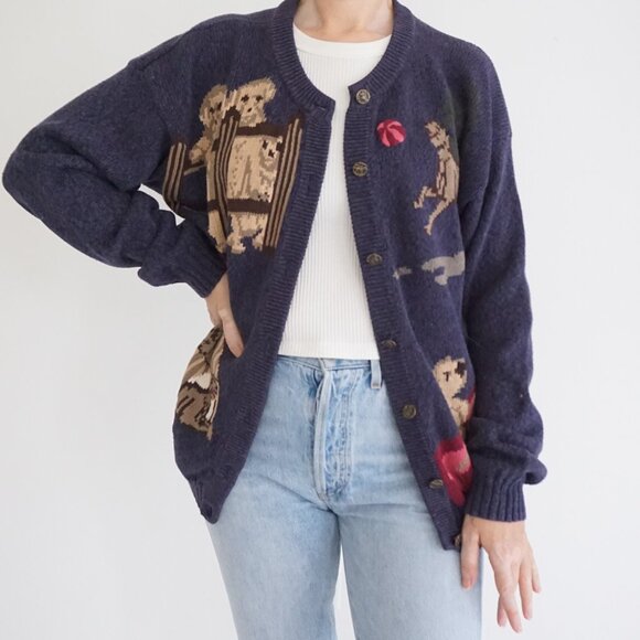 Vintage Northern Reflections Puppy Dog Navy Knit Cardigan Sweater Grandmacore M - Picture 1 of 10